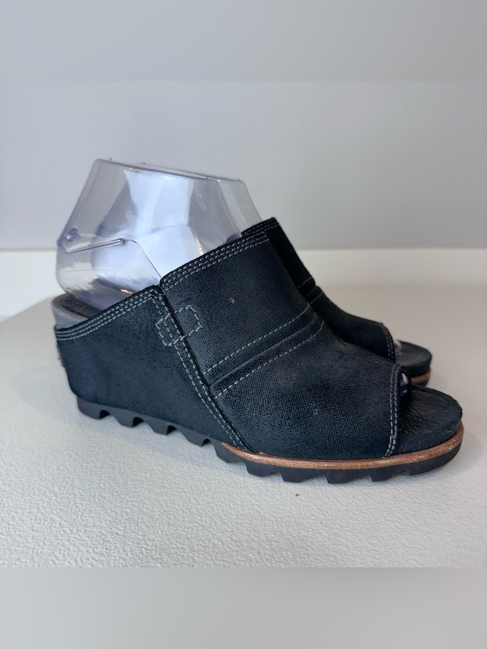 Sorel Black Joanie Urban Chic Open Toe Wedge Heel Leather Mule Size 7